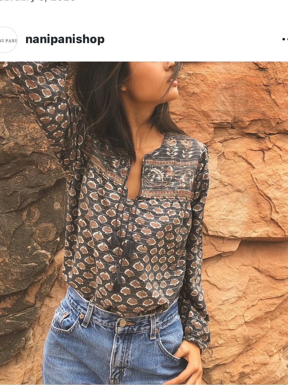 Brown Patterned V-Neck Boho Blouse